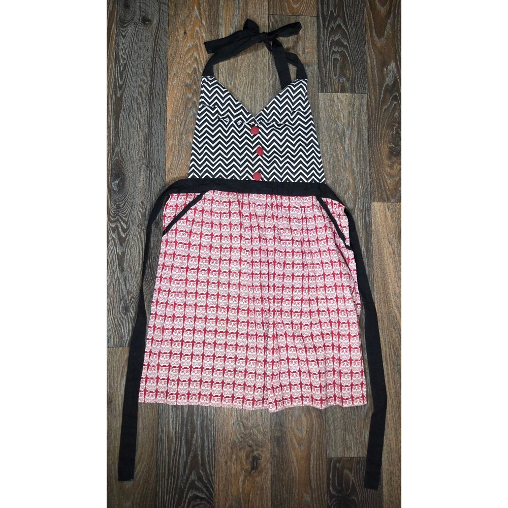 Cynthia Rowley Owl Chevron Print Cotton Halter Apron Red Black White Pockets